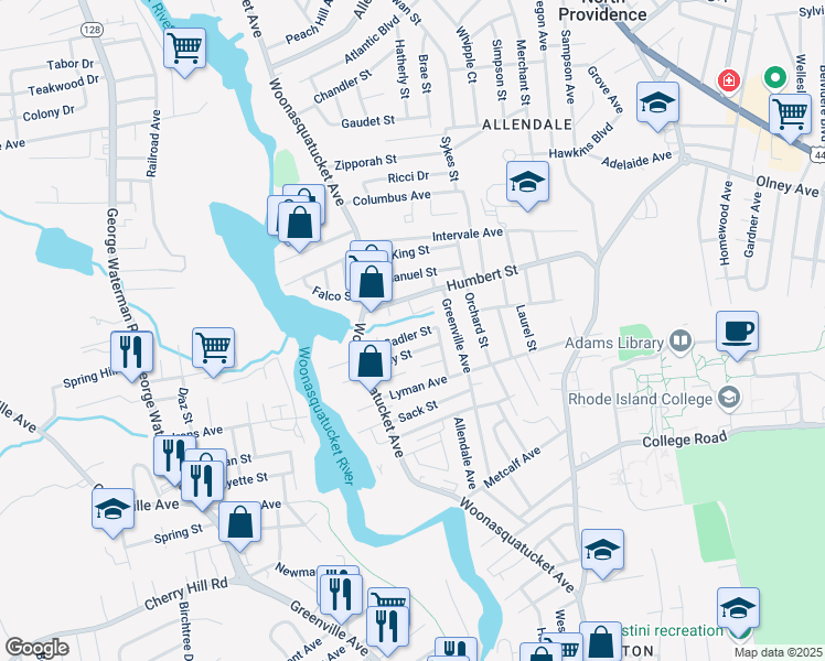 map of restaurants, bars, coffee shops, grocery stores, and more near 4 Sadler Street in North Providence