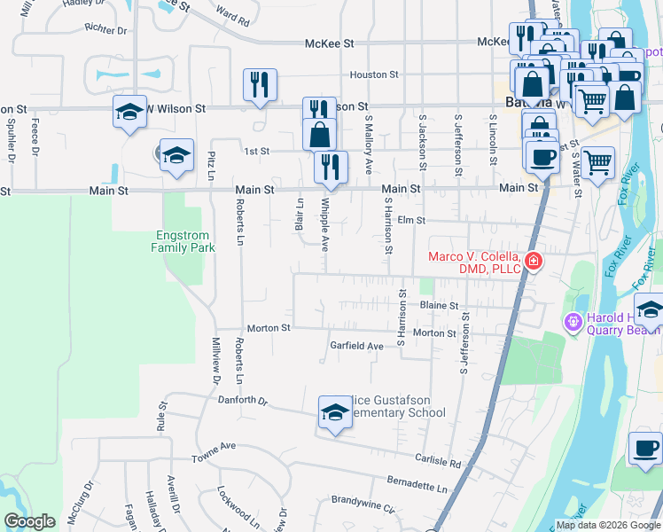 map of restaurants, bars, coffee shops, grocery stores, and more near 901 Walnut Street in Batavia