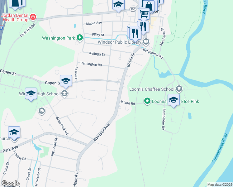 map of restaurants, bars, coffee shops, grocery stores, and more near 486 Broad Street in Windsor