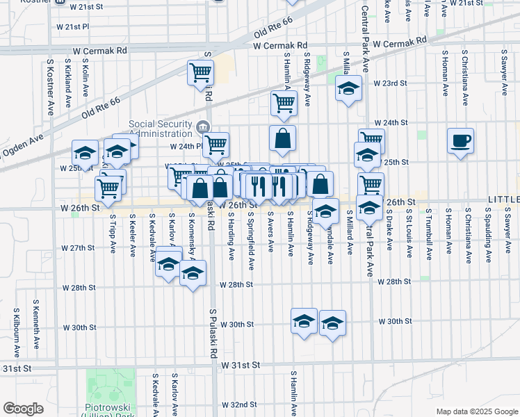 map of restaurants, bars, coffee shops, grocery stores, and more near 3849 West 26th Street in Chicago
