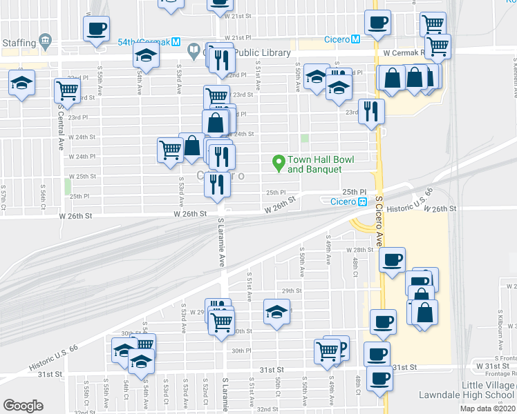 map of restaurants, bars, coffee shops, grocery stores, and more near 5100 West 26th Street in Cicero