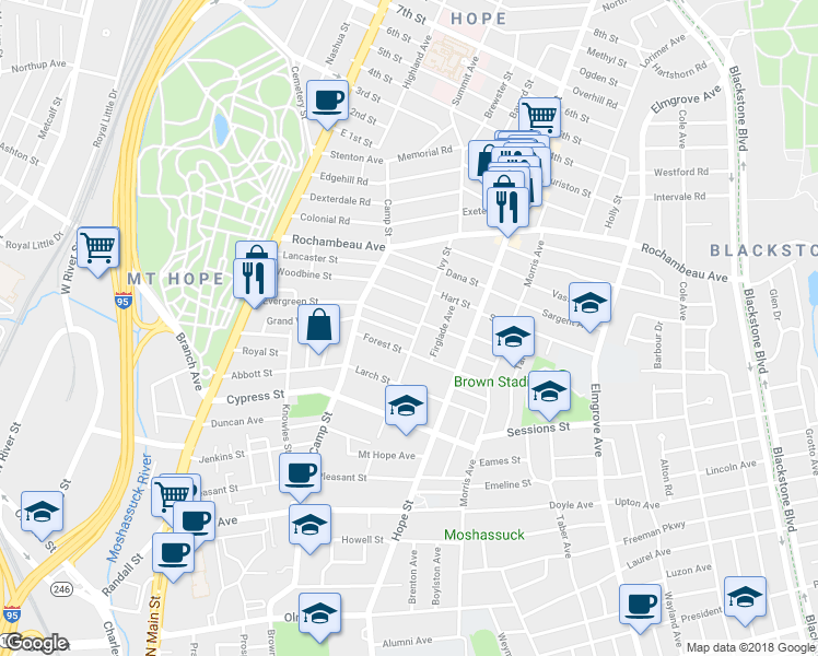 map of restaurants, bars, coffee shops, grocery stores, and more near 167 Evergreen Street in Providence