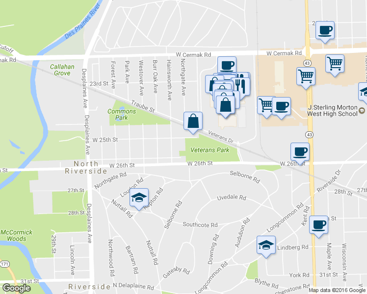 map of restaurants, bars, coffee shops, grocery stores, and more near 7625 West 25th Street in North Riverside