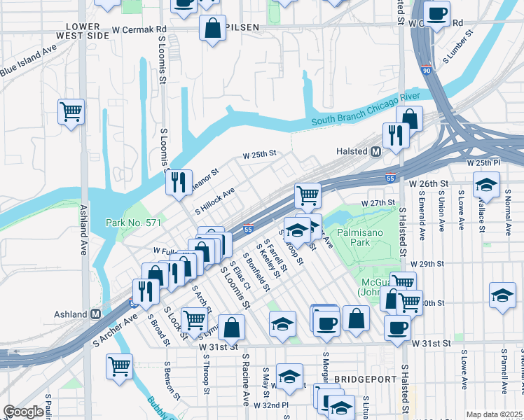 map of restaurants, bars, coffee shops, grocery stores, and more near 2635 South Farrell Street in Chicago