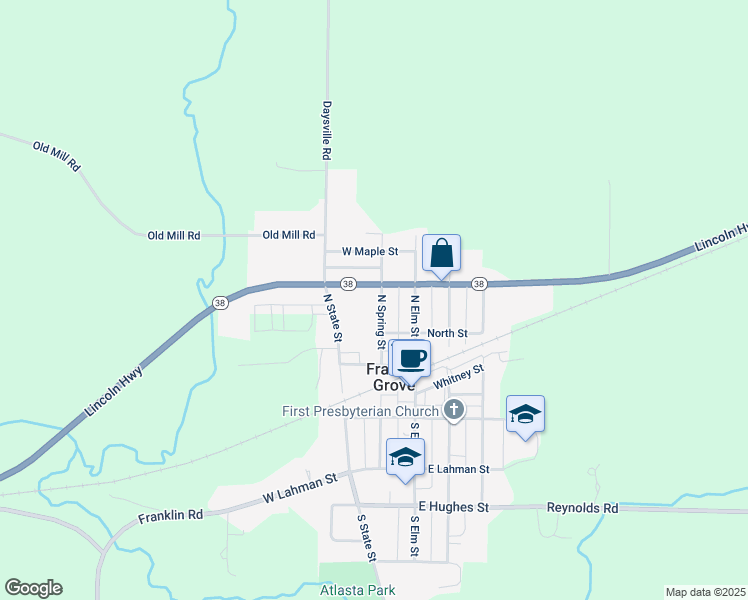 map of restaurants, bars, coffee shops, grocery stores, and more near 327 North Spring Street in Franklin Grove