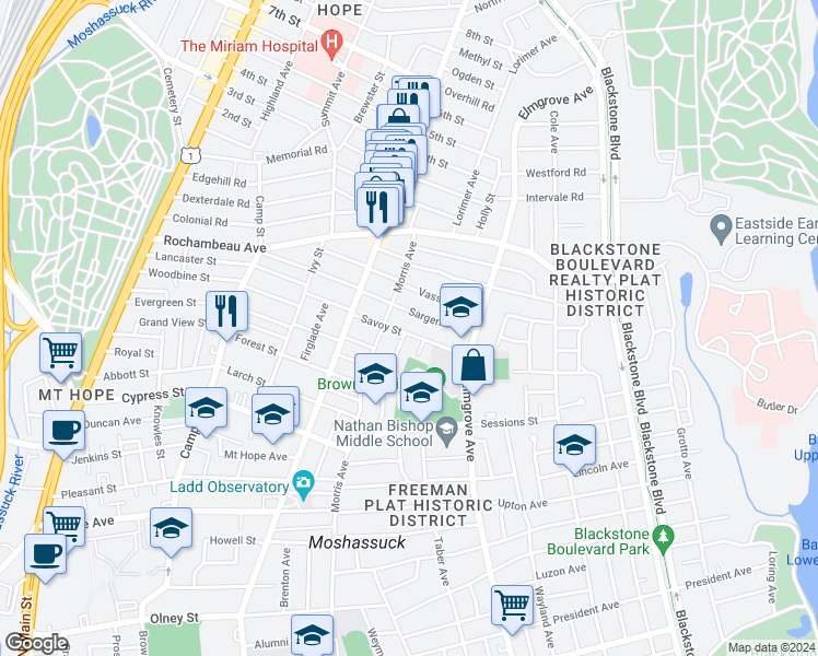 map of restaurants, bars, coffee shops, grocery stores, and more near 62 Savoy Street in Providence