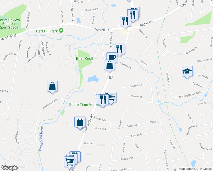 map of restaurants, bars, coffee shops, grocery stores, and more near 401 Talcottville Road in Vernon