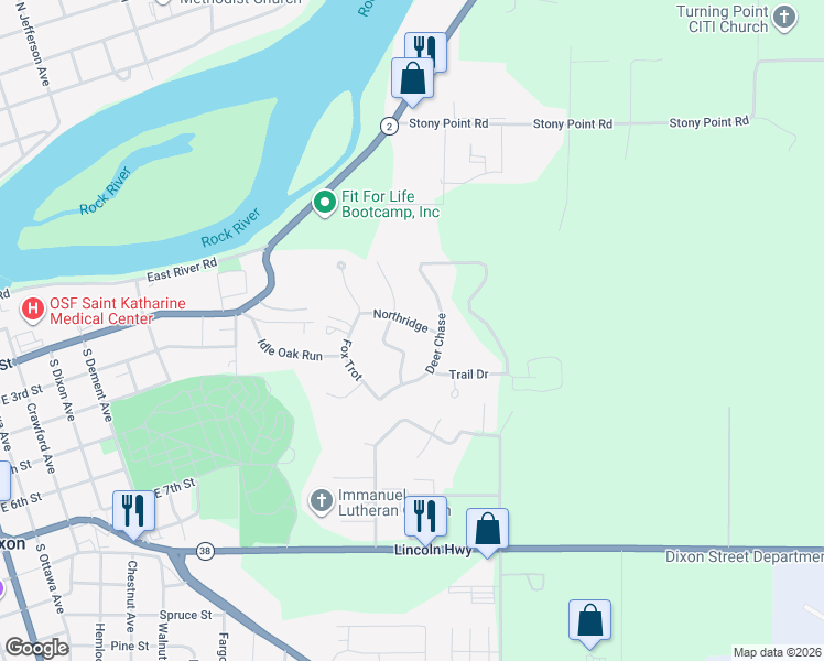 map of restaurants, bars, coffee shops, grocery stores, and more near 1216 Northridge in Dixon