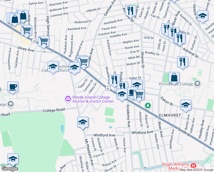 map of restaurants, bars, coffee shops, grocery stores, and more near 1093 Smith Street in Providence