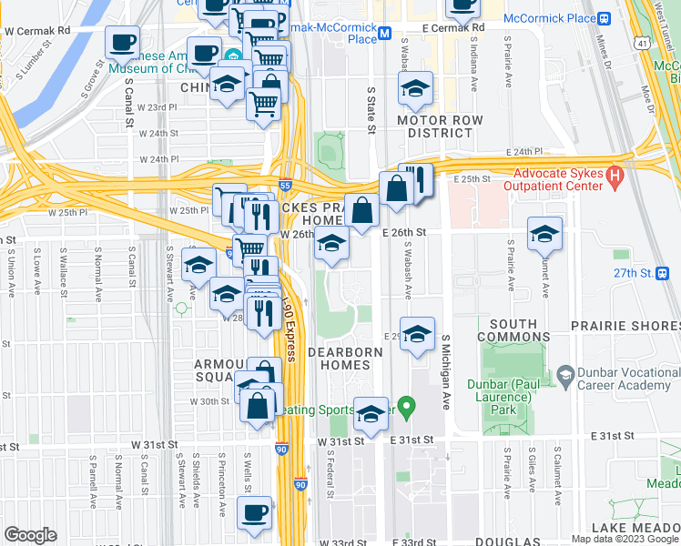 map of restaurants, bars, coffee shops, grocery stores, and more near 2700 South Dearborn Street in Chicago