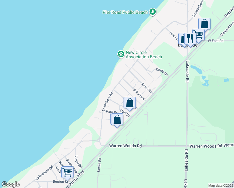 map of restaurants, bars, coffee shops, grocery stores, and more near 9324 Sunset Lane in Three Oaks