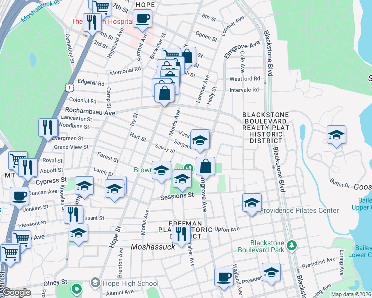 map of restaurants, bars, coffee shops, grocery stores, and more near 90 Savoy Street in Providence