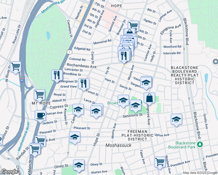 map of restaurants, bars, coffee shops, grocery stores, and more near 22 Elgin Street in Providence
