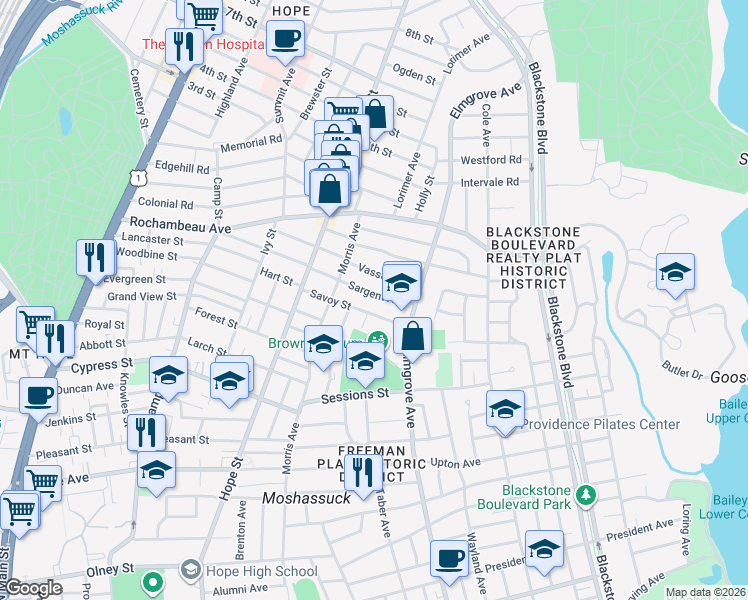 map of restaurants, bars, coffee shops, grocery stores, and more near 90 Savoy Street in Providence