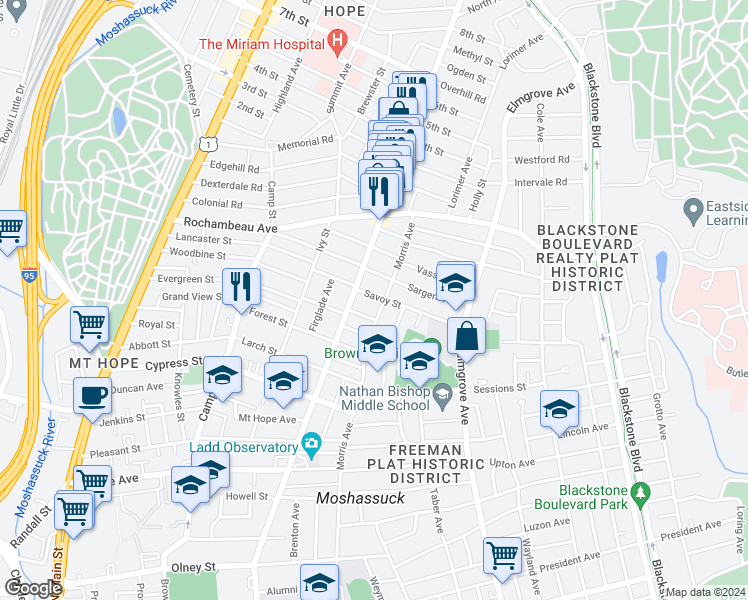 map of restaurants, bars, coffee shops, grocery stores, and more near 10 Fisher Street in Providence