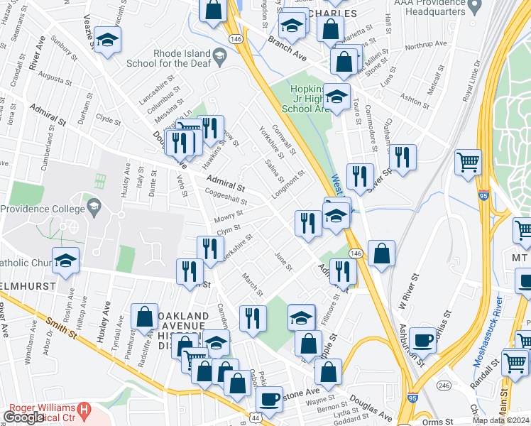 map of restaurants, bars, coffee shops, grocery stores, and more near in Providence