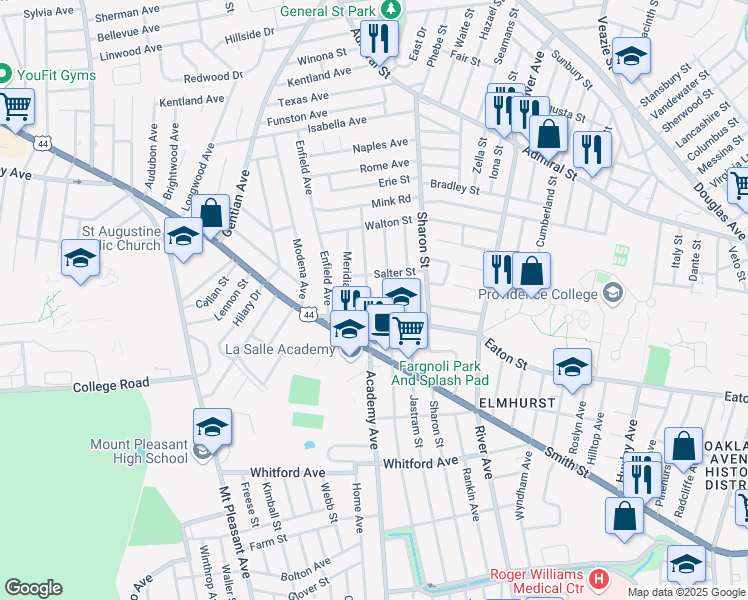 map of restaurants, bars, coffee shops, grocery stores, and more near 697 Academy Avenue in Providence