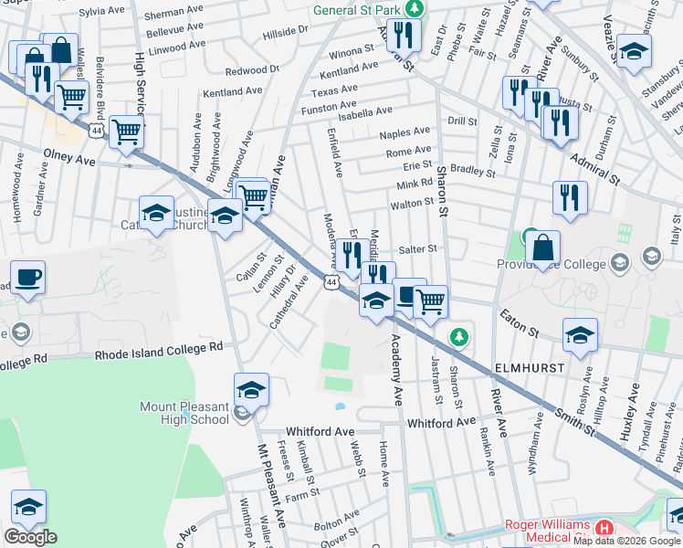 map of restaurants, bars, coffee shops, grocery stores, and more near 1089 Smith Street in Providence