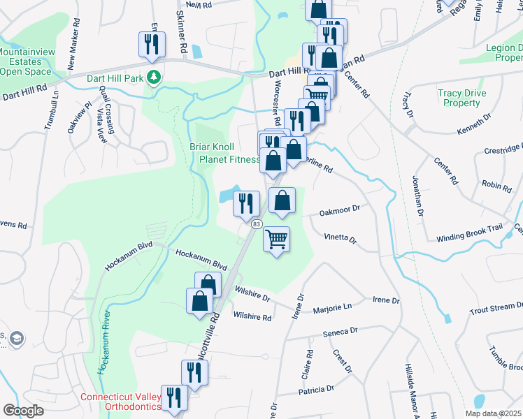 map of restaurants, bars, coffee shops, grocery stores, and more near 401 Talcottville Road in Vernon