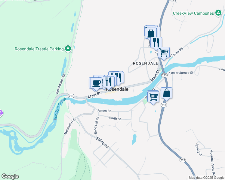 map of restaurants, bars, coffee shops, grocery stores, and more near 401 Main Street in Kingston