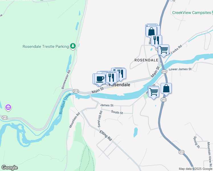 map of restaurants, bars, coffee shops, grocery stores, and more near 434 New York 213 in Kingston