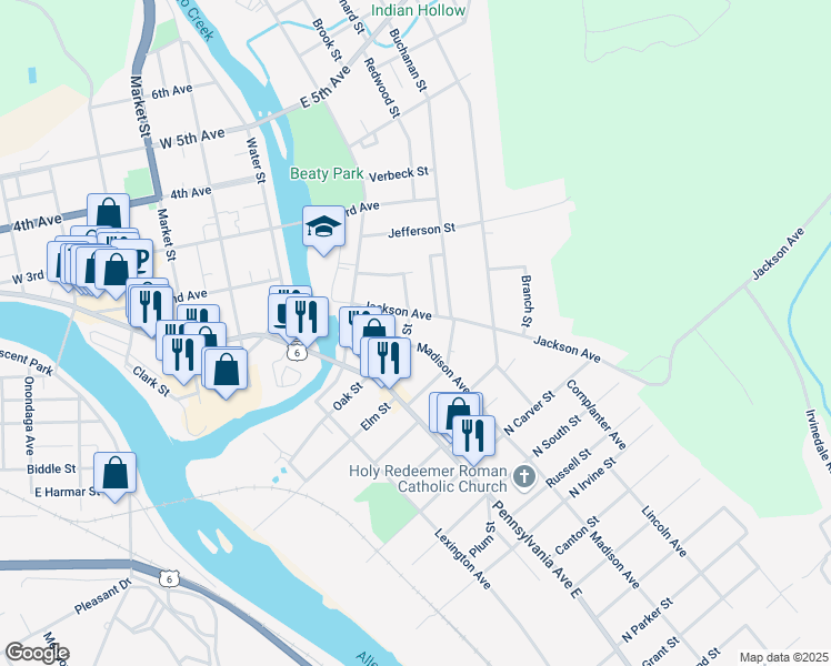 map of restaurants, bars, coffee shops, grocery stores, and more near 21-21 1/2 Franklin Street in Warren