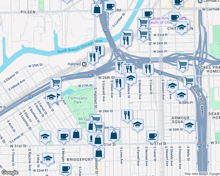 map of restaurants, bars, coffee shops, grocery stores, and more near 2713 South Emerald Avenue in Chicago