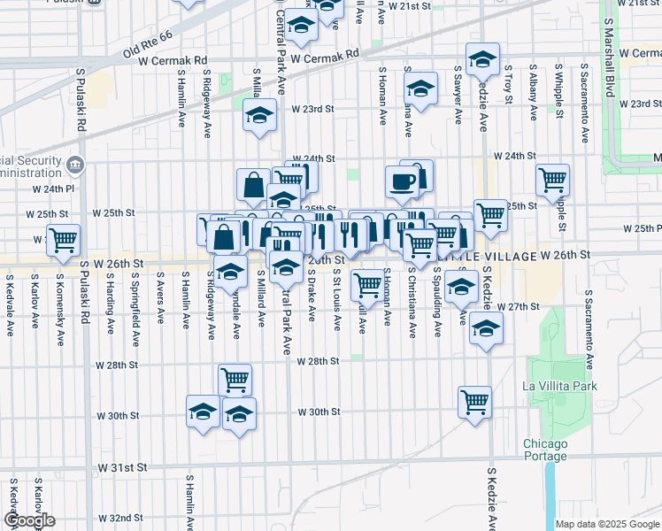 map of restaurants, bars, coffee shops, grocery stores, and more near 2614 South Saint Louis Avenue in Chicago