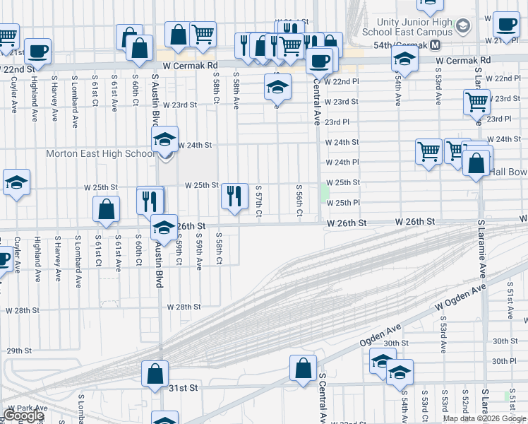 map of restaurants, bars, coffee shops, grocery stores, and more near 5700 West 26th Street in Cicero