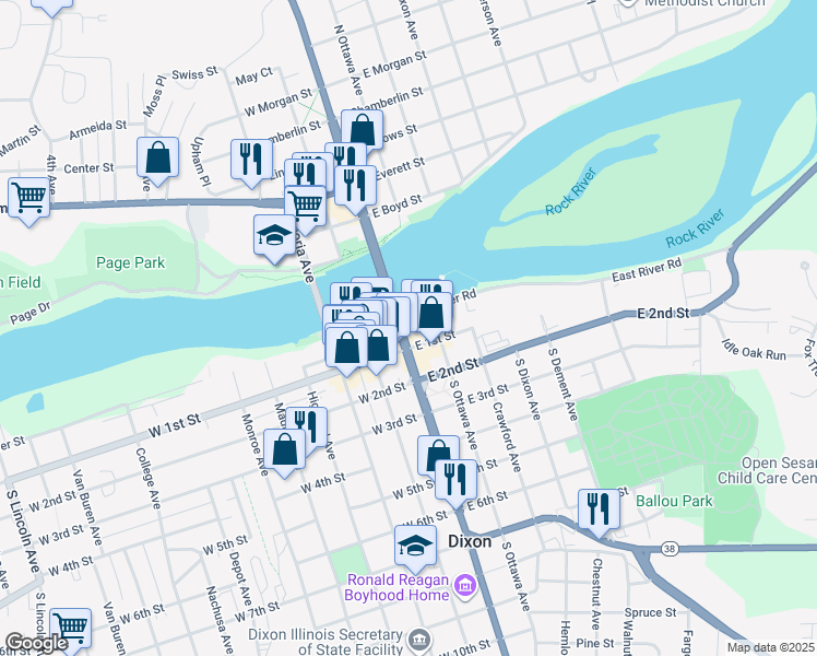 map of restaurants, bars, coffee shops, grocery stores, and more near 105 East 1st Street in Dixon