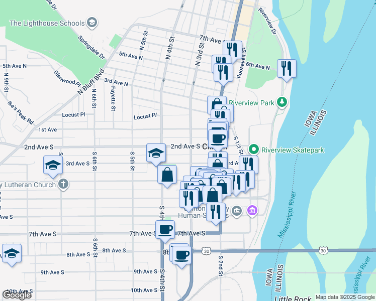 map of restaurants, bars, coffee shops, grocery stores, and more near 201-299 South 3rd Street in Clinton