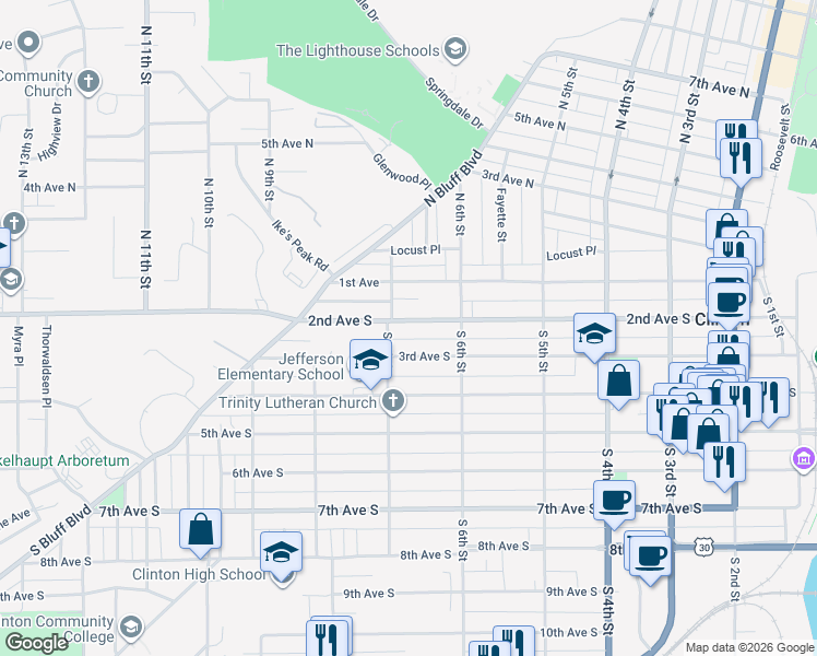 map of restaurants, bars, coffee shops, grocery stores, and more near 645 2nd Avenue South in Clinton