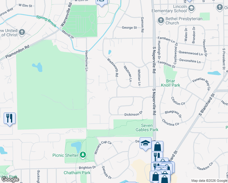 map of restaurants, bars, coffee shops, grocery stores, and more near 111 East Thompson Drive in Wheaton
