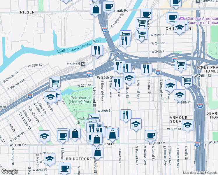 map of restaurants, bars, coffee shops, grocery stores, and more near 2713 South Emerald Avenue in Chicago