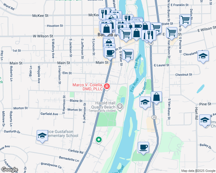 map of restaurants, bars, coffee shops, grocery stores, and more near 414 South Batavia Avenue in Batavia