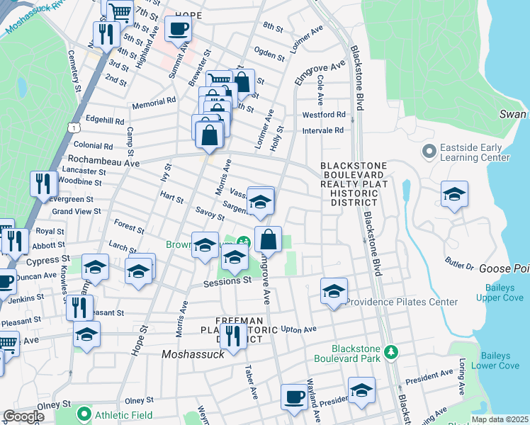map of restaurants, bars, coffee shops, grocery stores, and more near 82 Sargent Avenue in Providence