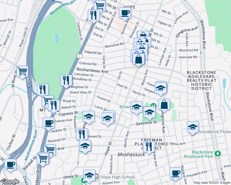 map of restaurants, bars, coffee shops, grocery stores, and more near 22 Elgin Street in Providence
