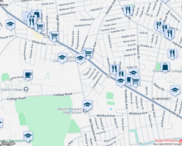 map of restaurants, bars, coffee shops, grocery stores, and more near 44 Lennon Street in Providence
