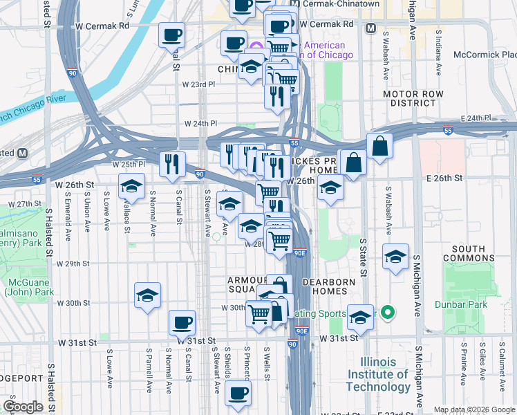 map of restaurants, bars, coffee shops, grocery stores, and more near 2700 South Wells Street in Chicago