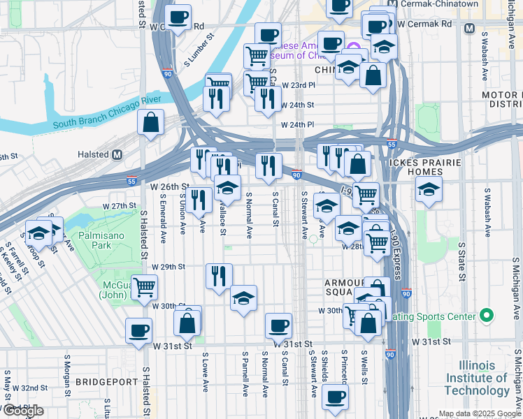map of restaurants, bars, coffee shops, grocery stores, and more near 460 West 28th Street in Chicago