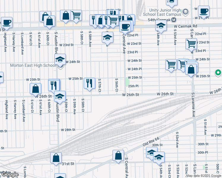 map of restaurants, bars, coffee shops, grocery stores, and more near 5700 West 26th Street in Cicero