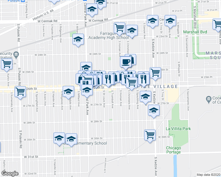 map of restaurants, bars, coffee shops, grocery stores, and more near 3435 West 26th Street in Chicago