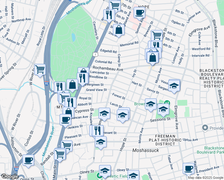 map of restaurants, bars, coffee shops, grocery stores, and more near 14 Forest Street in Providence