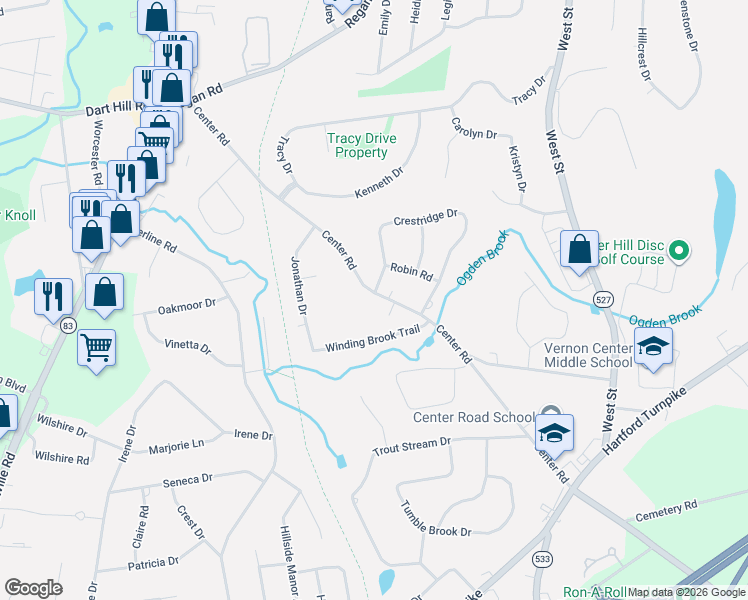map of restaurants, bars, coffee shops, grocery stores, and more near 159 Center Road in Vernon