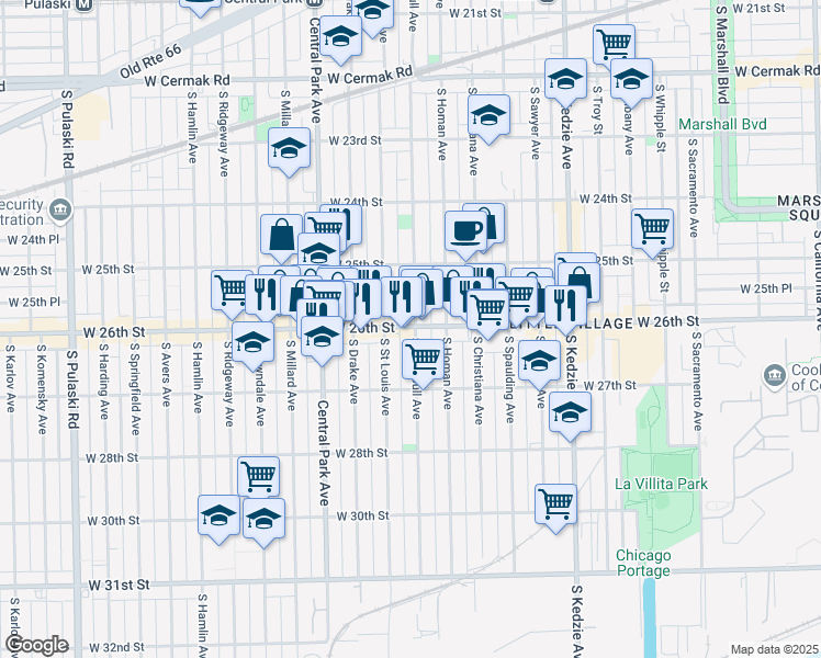map of restaurants, bars, coffee shops, grocery stores, and more near 3435 West 26th Street in Chicago