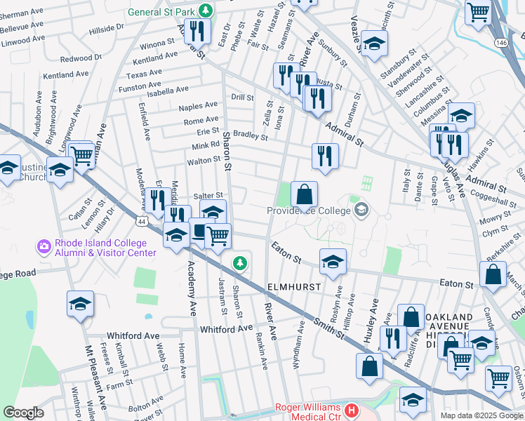 map of restaurants, bars, coffee shops, grocery stores, and more near 584 River Avenue in Providence