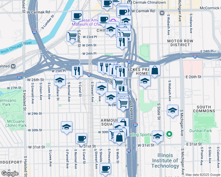 map of restaurants, bars, coffee shops, grocery stores, and more near 2700 South Princeton Avenue in Chicago