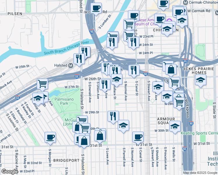 map of restaurants, bars, coffee shops, grocery stores, and more near 2710 South Wallace Street in Chicago