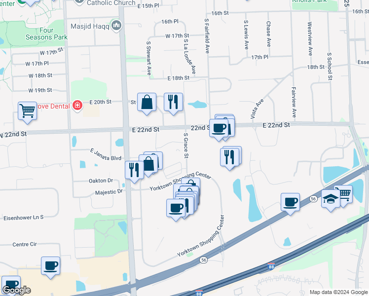 map of restaurants, bars, coffee shops, grocery stores, and more near in Lombard