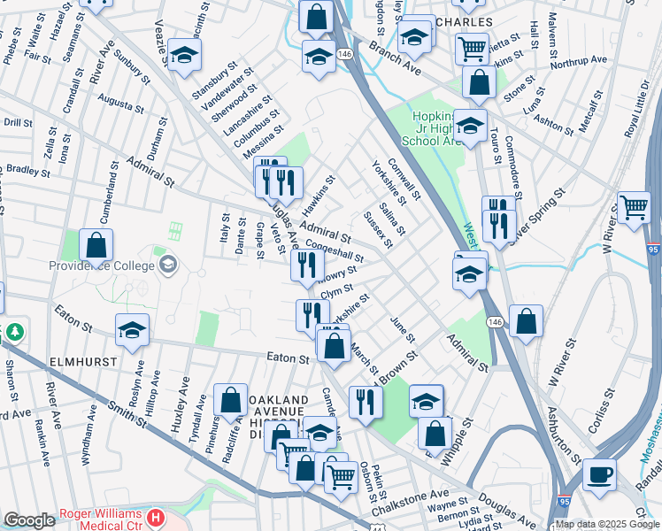 map of restaurants, bars, coffee shops, grocery stores, and more near 18 Newcomb Street in Providence